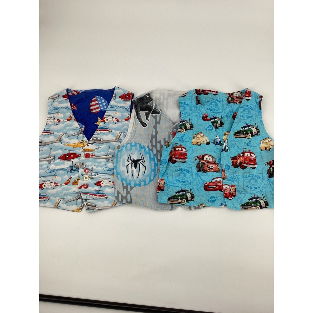 HANDMADE Kids Character Vest Lot 3pc Disney Cars Spider-Man Helicopter Boys 4